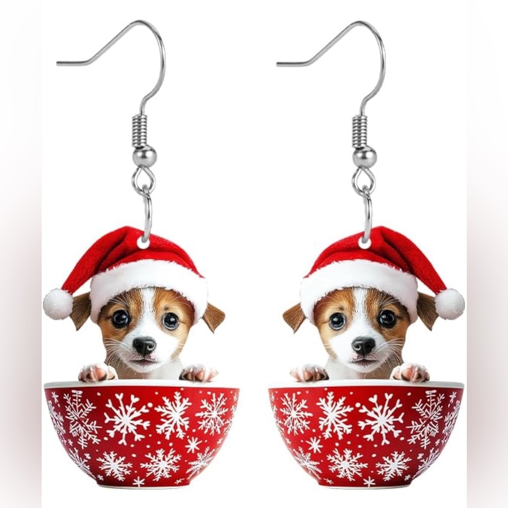 Festive Dog in Santa Hat in a Cup Earrings NIP - Picture 2 of 8